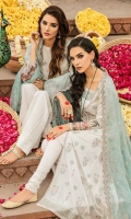 Shirt Front & Back: Embroidered Lawn with Laces  Sleeves: Dyed Lawn Dupatta: Embroidered Chiffon Sleeves Lace: Organza Embroidered Trouser: Dyed Cambric