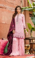 Shirt Front: Embroidered Lawn Shirt Back Dyed Lawn Sleeves: Embroidered Lawn Dupatta: Dyed Khadi Shawl Neck Line: Organza Embroidered Daman Lace: Organza Embroidered Sleeves Lace: Organza Emb...