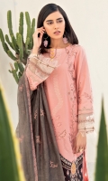 Shirt Front: Embroidered Lawn Shirt Back: Dyed Lawn Sleeves: Embroidered Lawn Dupatta: Embroidered Cotton Net Trouser: Dyed Cambric Sleeve Lace: Embroidered Organza Daman Lace: Embroidered Lawn