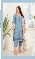 Shirt Front: Embroidered Lawn Shirt Back: Dyed Lawn Sleeves: Embroidered Lawn Dupatta: Embroidered Chiffon Trouser: Dyed Cambric Neck Lace: Embroidered Organza Sleeve Lace: Embroidered Organza Daman Lace: Embroidered Organza