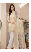Shirt Front Back & Sleeves: Digital Printed Lawn Shirt Back & Sleeves: Digital Printed Lawn  Dupatta: Digital Printed Chiffon  Neck Lace: Organza Embroidered Daman Patch: Organza Embroidered Trouser: Dyed Cambr...