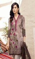 Shirt Front: Digital Printed Embroidered Lawn Shirt Back & Sleeves: Digital Printed Lawn Dupatta: Digital Printed Chiffon  Neck Lace: Organza Embroidered Trouser: Dyed Cambric Trouser Lace: Organza Embro...