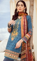 Shirt Front Back & Sleeves: Digital Printed Lawn Dupatta: Digital Printed Chiffon Neck Line: Organza Embroidered Daman Lace: Organza Embroidered Trouser: Dyed Cambric  Trouser Lace: Organza Embroidered
