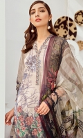 Shirt Front Back & Sleeves: Digital Printed Lawn Dupatta: Digital Printed Chiffon Neck Lace: Organza Embroidered Daman Lace: Organza Embroidered Trouser: Embroidered Cambric