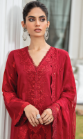 Shirt Front, Back & Sleeves: Dyed Jacquard Lawn Daman Lace: Sequins Embroidered Organza Neck Line: Sequins Embroidered Organza Dupatta: Sequins Embroidered chiffon Dupatta Lace: Sequins Embroidered Organza Trouser: Dyed Cambric