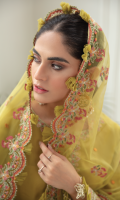 Shirt Front, Back & Sleeves: Dyed Jacquard Lawn Neck Line: Embroidered Organza Sleeves Lace : Embroidered Organza Daman Lace: Embroidered Organza Dupatta: Embroidered Net Trouser: Dyed Cambric