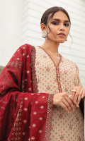 Shirt Front, Back & Sleeves: Dyed Jacquard Lawn Neck Lace: Embroidered Organza Sleeves Lace : Embroidered Organza Daman Lace: Embroidered Organza Dupatta Lace :Embroidered Khaadi Net Trouser: Dyed Cambric