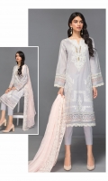 Shirt Front: Embroidered Lawn Shirt Back: Dyed Lawn Sleeves: Embroidered Lawn Dupatta: Embroidered Chiffon Trouser: Dyed Cambric Daman Lace: Embroidered Organza Sleeve Lace: Embroidered Organza