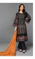 Shirt Front: Embroidered Lawn Shirt Back: Dyed Lawn Sleeve: Embroidered Lawn Dupatta: Embroidered Chiffon Trouser: Dyed Cambric Daman Lace: Embroidered Organza Sleeve Lace: Embroidered Organza