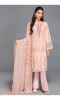 Shirt Front: Embroidered Jacquard Shirt Back: Dyed Jacquard Sleeves: Embroidered Jacquard Dupatta: Embroidered Chiffon Trouser: Dyed Cambric Neck Line: Embroidered Organza Sleeve Lace: Embroidered Organza