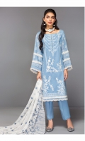 Shirt Front: Embroidered Lawn Shirt Back: Dyed Lawn Sleeves: Embroidered Lawn Dupatta: Embroidered Chiffon Trouser: Dyed Cambric Sleeve Lace: Embroidered Organza