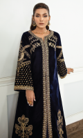 Shirt Front : Embroidered Velvet Shirt Back : Embroidered Velvet Sleeves : Embroidered Velvet Dupatta : Plain two tone Organza Sleeve Lace : Embroidered Organza Dupatta Lace : Embroidered Organza (4 Sides) Trouser : Dyed Raw Silk