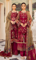 Shirt Front: Sequins Embroidered Chiffon with Adda Work Shirt Back: Dyed Chiffon Sleeves: Sequins Embroidered Chiffon Dupatta: Sequins Embroidered Zarri Net Shawl Sleeves Lace 1: Embroidered Silk Sleeves Lace 2: Embroidered Silk Sleeves Lace 3: Embroidered Silk Sleeves Lace 4: Embroidered Chiffon Dupatta Pallu 1: Sequins Embroidered Silk Dupatta Pallu 2: Embroidered Silk Dupatta Lace: Embroidered Silk (4-side) Front & Back Lace 1: Sequins Embroidered Silk Front & Back Lace 2: Embroidered Silk Front & Back Lace 3: Embroidered organza Trouser: Dyed Raw Silk