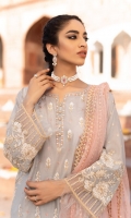 Shirt Front & back Panel: Sequence Embroidered lawn Shirt Side panels: Sequence Embroidered lawn Sleeves: Embroidered Lawn Dupatta: Sequence Embroidered Net Shirt Front & Back Lace: Sequence Embroidered Organza Sleeves Lace: Sequence Embroidered Organza Necklace: Sequence Embroidered Organza Trouser: Dyed Cambric