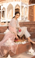 Shirt Front & back Panel: Sequence Embroidered lawn Shirt Side panels: Sequence Embroidered lawn Sleeves: Embroidered Lawn Dupatta: Sequence Embroidered Net Shirt Front & Back Lace: Sequence Embroidered Organza Sleeves Lace: Sequence Embroidered Organza Necklace: Sequence Embroidered Organza Trouser: Dyed Cambric
