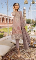 Shirt Front, Back & Sleeves: Printed Jacquard Dupatta: Embroidered Net Neck Line: Embroidered Organza Shirt Front Lace: Embroidered Organza Sleeves Lace: Embroidered Organza Dupatta Lace: Embroidered Organza Trouser: Dyed Cambric