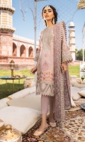 Shirt Front, Back & Sleeves: Printed Jacquard Dupatta: Embroidered Net Neck Line: Embroidered Organza Shirt Front Lace: Embroidered Organza Sleeves Lace: Embroidered Organza Dupatta Lace: Embroidered Organza Trouser: Dyed Cambric