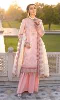 Shirt Front: Embroidered Paper Cotton Shirt Back: Embroidered Paper Cotton Sleeves: Embroidered Paper Cotton Dupatta: Embroidered Cotton Net Front & Back Lace: Embroidered Organza Shirt Patches: Embroidered Applique Flowers Sleeve Lace: Embroidered Organza Dupatta Lace 1: Embroidered Organza (3 Sides) Dupatta Lace 2: Embroidered Organza (1 Side)