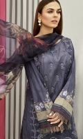 Shirt Front: Digital Printed Embroidered Lawn Shirt Back & Sleeves: Digital Printed Lawn Dupatta: Digital Printed Chiffon  Trouser: Dyed Cambric  Trouser Lace: Organza Embroidered