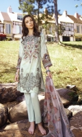 Shirt Front: Digital Printed Embroidered Lawn (1.15 Meters) Shirt Back & Sleeves: Digital Printed Lawn (1.8 Meters) Dupatta: Embroidered Chiffon (2.5 meters) Daman Lace: Embroidered Organza (0.9 Meters) Trouser: Dyed Cambric (2.5 meters)