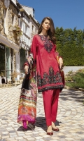 Shirt Front Back & Sleeves: Dyed Jacquard (3.25 meters) Dupatta: Digital Printed Pure Medium Silk (2.5 meters) Neck Line: Embroidered Lawn Sleeves Patch: Embroidered Lawn Shirt Front Daman: Embroidered Lawn Shirt Back Lace: Embroidered Lawn (0.9 meter) Front & Back Lace: Embroidered Lawn (1.9 meters) Trouser: Dyed Cambric (2.5 meters)