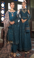 Frock Front: Embroidered Chiffon Frock back: Embroidered Chiffon Frock Front & Back Bodices: Embroidered Chiffon Sleeves: Embroidered Chiffon Dupatta: Embroidered Velvet Shawl Sleeves Lace: Embroidered Organza Front & Back Lace: Embroidered Organza Dupatta Pallu: Embroidered Silk Trouser: Dyed Raw Silk