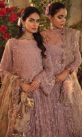 Frock Front: Embroidered Net (2.1 y) Frock Back: Embroidered Net (2.1 y) Frock Front Body: Embroidered Net with Adda Work (0.70 y) Frock Back Body: Embroidered Net (0.70 y) Sleeves: Borer Embroidered Net with Adda Work (0.70) Front & Back Lace : Embroidered Silk (4.2 y) Sleeves Lace: Borer Embroidered Organza (1.4 y) Dupatta: Embroidered Net (2.1 y) Dupatta Pallu: Embroidered Net (2 piece) Sleeve Patch: Dyed Jamawar (1 y) Trouser: Dyed Raw Silk (2.5 y)