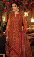 Shirt Front: Embroidered Net with Adda Work (0.85 y) Shirt Back: Embroidered Net (0.85 y) Sleeves: Embroidered Net (0.70 y) Shirt Front Patch : Embroidered Organza (1 piece) Front, Back and Sleeve Lace 1: Embroidered Organza (2.75 y) Front, Back and Sleeve Lace 2: Embroidered Organza (2.75 y) Front Back Lace 3: Embroidered Organza (1.70 y) Dupatta: Embroidered Net (2.75 y) Dupatta Lace: Embroidered Organza (4 sided) (8.5 y) Trouser: Dyed Raw Silk (2.5 y)