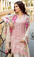 Shirt Front: Digital Printed Embroidered Lawn Shirt Back & Sleeves: Digital Printed Lawn Dupatta: Embroidered Chiffon Neck Lace: Organza Embroidered Trouser: Embroidered Cambric