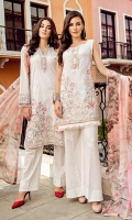 Shirt Front: Lawn Embroidered Shirt Back: Digital Printed Lawn Sleeves: Lawn Embroidered Dupatta: Digital Printed Pure Tissue Silk Daman Lace: Organza Embroidered  Sleeves Lace: Organza Embroidered Trou...