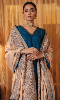 Shirt Front & Back: Embroidered Khaddar With Laces (2.80 y) Sleeves: Borer Embroidered Khaddar (0.70 y) Dupata: Embroidered Karandi Shawl (2.75 y) Pallu Lace: Embroidered Karandi (2.75 y) Trouser: Dyed Khaddar (2.5 y)