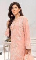 Shirt Front: Embroidered jacquard Shirt Back: Dyed jacquard Sleeves: Embroidered jacquard Daman Lace: Embroidered jacquard Sleeves lace: Embroidered jacquard Dupatta: Embroidered Organza Trouser: Dyed Cambric