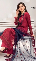 Shirt Front: Embroidered Lawn Shirt Back: Dyed Lawn Sleeves: Embroidered Lawn Daman Lace: Embroidered Lawn Sleeves Patch: Embroidered Organza Dupatta: Embroidered Net Trouser: Dyed Cambric
