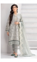 Shirt Front: Embroidered Lawn Shirt Back: Dyed Lawn Sleeves: Embroidered Lawn Daman Lace: Embroidered Organza Sleeves Lace: Embroidered Organza Dupatta: Embroidered chiffon Trouser: Dyed Cambric