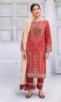Shirt Front: Embroidered Lawn Shirt Back: Dyed Lawn Sleeves: Embroidered Lawn Daman Lace: Embroidered Lawn Sleeves Lace: Embroidered Organza Dupatta: Cotton Jacquard Shawl Trouser: Dyed Cambric