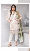 Shirt Front: Embroidered Lawn Shirt Back: Dyed Lawn Sleeves: Embroidered Lawn Daman Lace: Embroidered Organza Sleeves Lace: Embroidered Organza Dupatta: Dyed Cotton Jacquard Shawl Trouser: Dyed Cambric