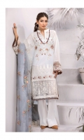 Shirt Front: Embroidered Lawn Shirt Back: Dyed Lawn Sleeves: Embroidered Lawn Daman Lace: Embroidered Organza Sleeves Lace: Embroidered Organza Dupatta: Embroidered Organza Trouser: Dyed Cambric