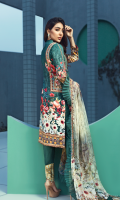 Printed front 1.25 M Printed back and sleeves 1.9M Dyed trouser 2.5 M Chiffon Dupatta 2.5M Embroidered Motif 1 and Embroidered lace 0.9M
