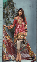 Printed front 1.25 M Printed back and sleeves 1.9M Dyed trouser 2.5 M, Chiffon Dupatta 2.5M Embroidered Motif 1 and Embroidered Patti 0.9 M