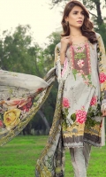 Printed front 1.25 M Printed back and sleeves 1.9M Printed trouser 2.5 M Chiffon Dupatta 2.5M, Embroidered Motif 1