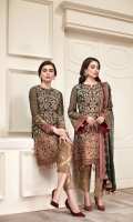 EMBROIDERED  CHIFFON FRONT EMBROIDERED CHIFFON BACK EMBROIDERED CHIFFON SLEEVES EMBROIDERED SLEEVES BORDER EMBROIDERED FRONT & BACK BORDERS EMBROIDERED CHIFFON DUPATTA EMBROIDERED DUPATTA BORDER DYED TROUSER TROUSER PATCH