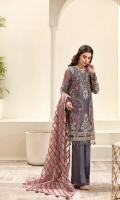 EMBROIDERED CHIFFON FRONT  EMBROIDERED CHIFFON BACK EMBROIDERED CHIFFON SLEEVES  EMBROIDERED NET DUPATTA  EMBROIDERED SLEEVES BORDER  EMBROIDERED FRONT & BACK BORDERS  EMBROIDERED ORGANZA FRONT & BACK BORDER PATCH  DYED TROUSER