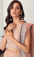 Embroidered Chiffon Front Body Embroidered Chiffon Back Body Embroidered Border Patch Embroidered Chiffon Flare Panels Embroidered Chiffon Sleeves Embroidered Sleeves Border Embroidered Net Dupatta Dyed Raw Silk Trouser