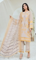 Embroidered Lawn Front Embroidered Lawn Back Embroidered Lawn Sleeves Embroidered Lawn Front, Back & Sleeves Border Embroidered Organza Dupatta Embroidered Trouser Border Dyed Trouser