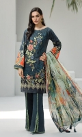 Digital Printed Embroidered Shirt Embroidered Front Border Digital Printed Chiffon Dupatta Dyed Trouser  Dyed Organza Patch