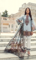Digital Printed Shirt Embroidered Front Border Patch Embroidered Neck Patch Digital Printed Chiffon Dupatta Dyed Trouser Dyed Organza Patch