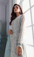 Embroidered Chiffon Front Panel Embroidered Chiffon Left & Right Panels Embroidered Chiffon Sleeves Embroidered Front & Back Borders Embroidered Sleeves Border Embroidered Self Organza Dupatta Embroidered Dupatta Border Dyed Chiffon Back Dyed Rawsilk Trouser