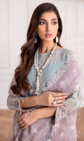 EMBROIDERED CHIFFON FRONT EMBROIDERED CHIFFON BACK EMBROIDERED CHIFFON SLEEEVES EMBROIDERED ORGANZA DUPATTA EMBROIDERED FRONT & BACK BORDERS EMBROIDERED SLEEVES BORDERS PASTE PRINTED TROUSER