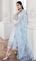 EMBROIDERED NET FRONT EMBROIDERED NET BACK EMBROIDERED NET SLEEVES EMBROIDERED FRONT & BACK BORDER EMBROIDERED SLEEVES BORDERS PASTE PRINTED ORGANZA DUPATTA DYED TROUSER