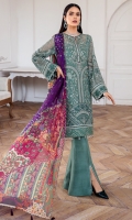 EMBROIDERED CHIFFON FRONT EMBROIDERED CHIFFON BACK EMBROIDERD CHIFFON SLEEVES EMBROIDERED CHIFFON SLEEVES BORDER EMBROIDERED FRONT & BACK BORDERS DIGITAL PRINTED VISCOSE SILK DUPATTA DYED TROUSER